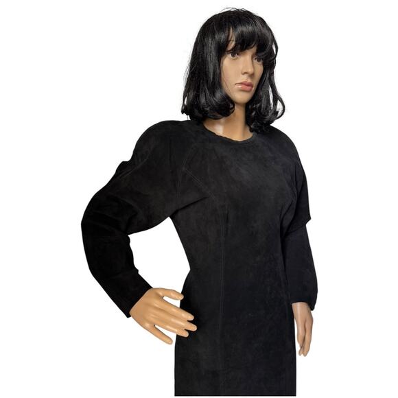 Vintage 80's Cedars Black Suede Batwing Sleeve round neck Midi Dress small - Picture 14 of 16